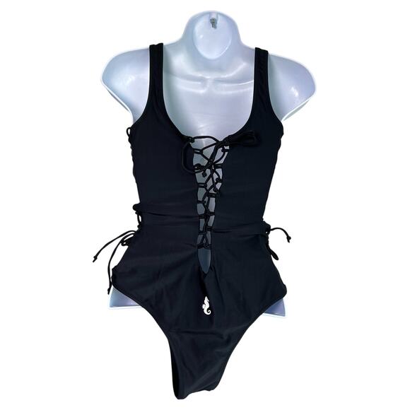 Sunny Co The Bianca Black Plunge Lace Up One Piece Bathing Suit Womens S NWOT - Picture 3 of 7